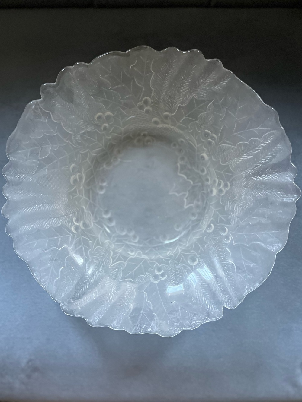 Clear Frosted Glass Bowl with Leaf & Berry Pattern